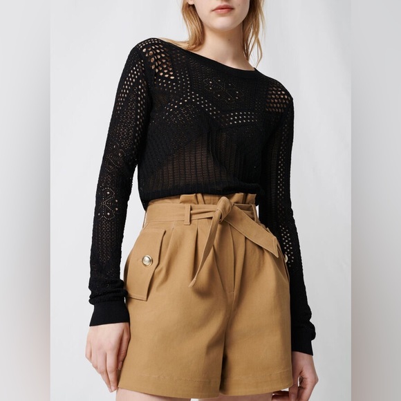 Maje Camel Cotton Canvas Belted Shorts - Picture 2 of 13